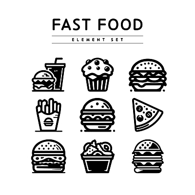 라인일러스트 일러스트 피자 패스트푸드 사람없음 컵 감자튀김 햄버거 컵케이크 엘리먼트 치즈버거 국내일러스트 AI파일 식기 감자 서양음식 케이크 튀김 인스턴트 파일형식 벡터