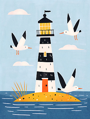 JPG 식물 바다 섬 하늘색 일러스트 자연 갈매기 하늘 등대 사람없음 분위기 국내일러스트 AI일러스트 AI콘텐츠 컨셉 조류 파란색 생태계 파일형식