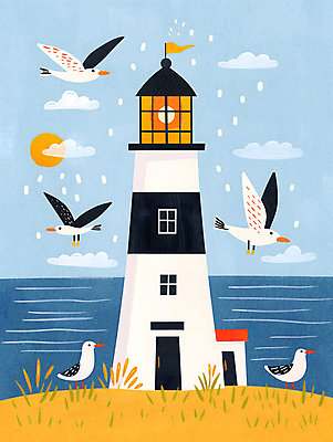 JPG 식물 바다 섬 하늘색 일러스트 자연 갈매기 하늘 등대 사람없음 분위기 국내일러스트 AI일러스트 AI콘텐츠 컨셉 조류 파란색 생태계 파일형식