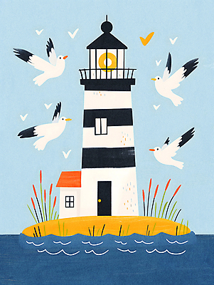 JPG 식물 바다 섬 하늘색 일러스트 자연 갈매기 하늘 등대 사람없음 분위기 국내일러스트 AI일러스트 AI콘텐츠 컨셉 조류 파란색 생태계 파일형식