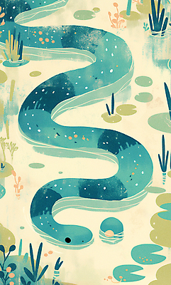 JPG 꽃 일러스트 자연 수채화 잔디 사람없음 초록색 귀여움 연못 풀 뱀 감성 국내일러스트 AI일러스트 AI콘텐츠 식물 컬러 컨셉 파충류 생태계 파일형식