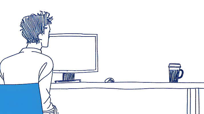 JPG 디자인 남자 일러스트 한명 성인 파란색 모니터 업무 작업 디자이너 책상 재택근무 프리랜서 성인남자한명만 국내일러스트 AI일러스트 AI콘텐츠 직업 1 컬러 가구 비즈니스 사람 컴퓨터 남자한명만 성인남자만 파일형식