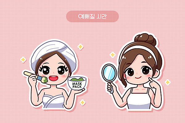 여자 분홍색 일러스트 관리 들기 성인 두명 뷰티 깨끗함 스파 붓 목욕가운 피부관리 손거울 클렌징 마스크팩 스크럽 성인여자만 국내일러스트 AI파일 컬러 컨셉 모션 사람 청결 거울 가운 팩 여자만 성인만 파일형식 벡터