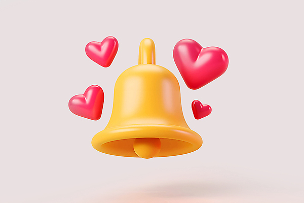 PSD 아이콘 사람없음 3D아이콘 노란색 3D 종 하트 메시지 알림 모양 컬러 디지털합성 파일형식