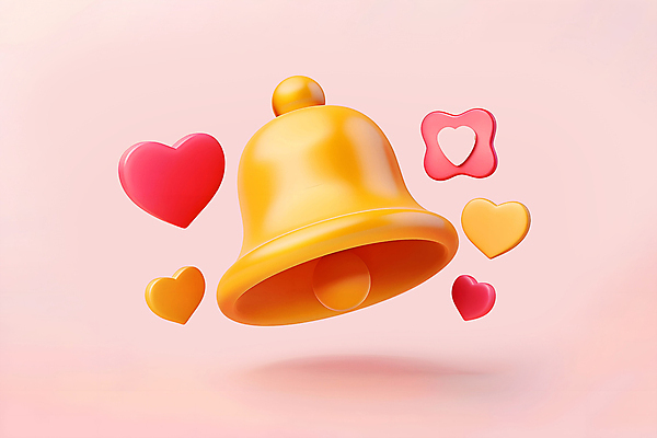 PSD 아이콘 사람없음 3D아이콘 노란색 3D 종 하트 메시지 알림 모양 컬러 디지털합성 파일형식