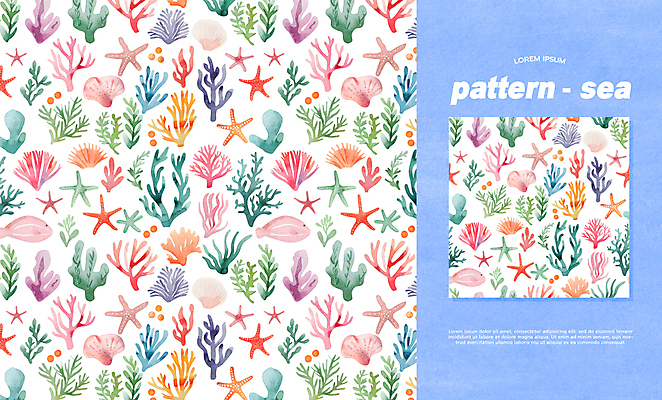 PSD 편집이미지 바다 백그라운드 패턴 조개 수채화 불가사리 어류 사람없음 컬러풀 화려 산호 이미지편집 컬러 컨셉 무늬 어패류 극피동물 수중동물 자포동물 파일형식