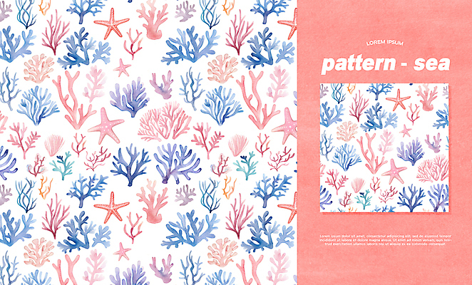 PSD 편집이미지 바다 백그라운드 패턴 수채화 불가사리 사람없음 컬러풀 화려 산호 이미지편집 컬러 컨셉 무늬 극피동물 자포동물 파일형식