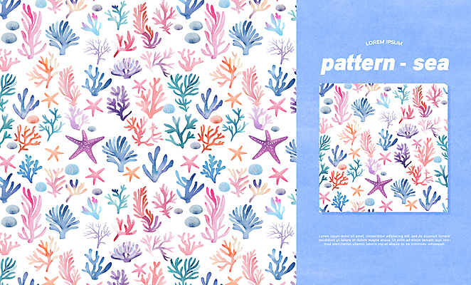 PSD 편집이미지 바다 백그라운드 패턴 수채화 불가사리 사람없음 컬러풀 화려 산호 이미지편집 컬러 컨셉 무늬 극피동물 자포동물 파일형식