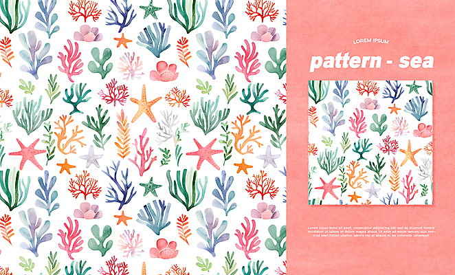 PSD 편집이미지 바다 백그라운드 패턴 수채화 불가사리 사람없음 컬러풀 화려 해초 산호 이미지편집 컬러 컨셉 무늬 극피동물 해조류 자포동물 파일형식