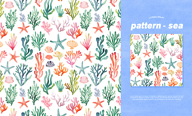 PSD 편집이미지 바다 백그라운드 패턴 조개 수채화 불가사리 사람없음 컬러풀 화려 해초 산호 이미지편집 컬러 컨셉 무늬 어패류 극피동물 해조류 자포동물 파일형식