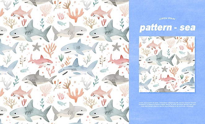 PSD 편집이미지 바다 백그라운드 패턴 수채화 사람없음 컬러풀 화려 산호 상어 이미지편집 컬러 컨셉 무늬 어류 자포동물 파일형식