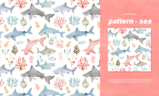 PSD 편집이미지 바다 백그라운드 패턴 수채화 사람없음 컬러풀 화려 산호 상어 이미지편집 컬러 컨셉 무늬 어류 자포동물 파일형식