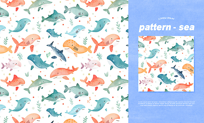 PSD 편집이미지 바다 백그라운드 패턴 수채화 사람없음 컬러풀 화려 산호 상어 이미지편집 컬러 컨셉 무늬 어류 자포동물 파일형식