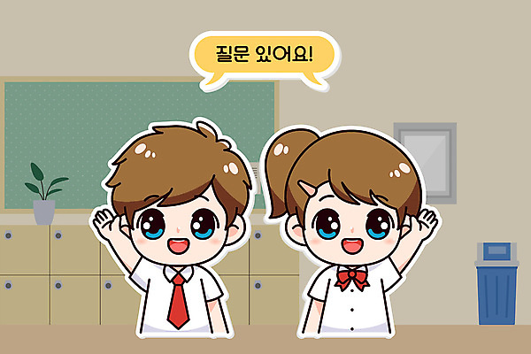 학생 여자 교육 남자 교복 말풍선 일러스트 교실 청소년 두명 스쿨라이프 손들기 질문 책상 십대만 국내일러스트 AI파일 라이프스타일 옷 가구 학교 모션 사람 파일형식 벡터