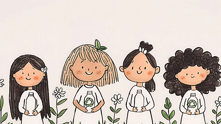 JPG 여자 어린이 일러스트 자연 웃음 소녀 여러명 초록색 자연보호 환경 그린캠페인 재활용 풀잎 보호 병 플라스틱 친환경 소녀만 제로웨이스트 국내일러스트 AI일러스트 AI콘텐츠 식기 캠페인 컬러 다수 컨셉 잎 재질 표정 사람 풀_식물 사회이슈 생태계 여자만 어린이만 파일형식