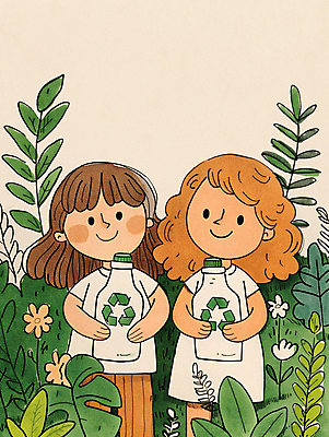 JPG 여자 어린이 일러스트 자연 웃음 소녀 두명 초록색 자연보호 환경 그린캠페인 재활용 풀잎 보호 병 플라스틱 친환경 소녀만 제로웨이스트 재활용표시 국내일러스트 AI일러스트 AI콘텐츠 식기 캠페인 컬러 컨셉 잎 재질 표시 표정 사람 풀_식물 사회이슈 생태계 여자만 어린이만 파일형식