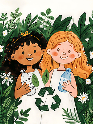 JPG 여자 어린이 일러스트 자연 웃음 소녀 두명 초록색 자연보호 환경 그린캠페인 재활용 풀잎 보호 병 플라스틱 친환경 소녀만 제로웨이스트 재활용표시 국내일러스트 AI일러스트 AI콘텐츠 식기 캠페인 컬러 컨셉 잎 재질 표시 표정 사람 풀_식물 사회이슈 생태계 여자만 어린이만 파일형식