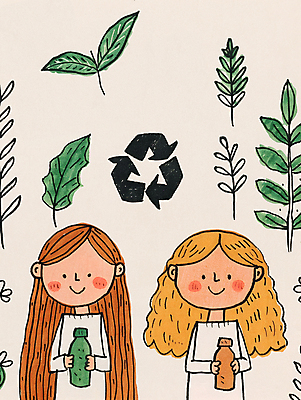 JPG 여자 어린이 일러스트 자연 웃음 소녀 두명 초록색 자연보호 환경 그린캠페인 재활용 풀잎 보호 병 플라스틱 친환경 소녀만 제로웨이스트 재활용표시 국내일러스트 AI일러스트 AI콘텐츠 식기 캠페인 컬러 컨셉 잎 재질 표시 표정 사람 풀_식물 사회이슈 생태계 여자만 어린이만 파일형식