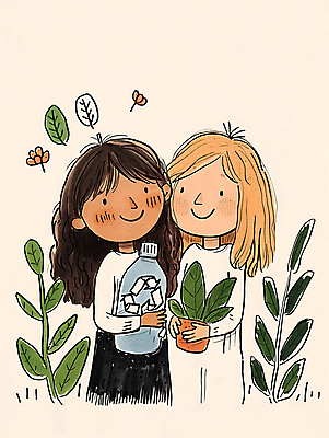 JPG 여자 어린이 일러스트 자연 웃음 소녀 두명 초록색 자연보호 환경 그린캠페인 재활용 풀잎 보호 병 플라스틱 친환경 소녀만 제로웨이스트 국내일러스트 AI일러스트 AI콘텐츠 식기 캠페인 컬러 컨셉 잎 재질 표정 사람 풀_식물 사회이슈 생태계 여자만 어린이만 파일형식