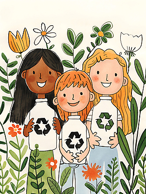 JPG 여자 어린이 일러스트 자연 웃음 소녀 세명 초록색 자연보호 환경 그린캠페인 재활용 풀잎 보호 병 플라스틱 친환경 소녀만 제로웨이스트 재활용표시 국내일러스트 AI일러스트 AI콘텐츠 식기 캠페인 컬러 컨셉 잎 재질 표시 표정 사람 풀_식물 사회이슈 생태계 여자만 어린이만 파일형식