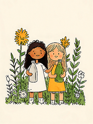 JPG 여자 어린이 일러스트 자연 웃음 소녀 두명 초록색 자연보호 환경 그린캠페인 재활용 풀잎 보호 병 플라스틱 친환경 소녀만 어깨에손 제로웨이스트 국내일러스트 AI일러스트 AI콘텐츠 식기 캠페인 컬러 컨셉 잎 모션 재질 표정 사람 풀_식물 사회이슈 생태계 여자만 어린이만 파일형식