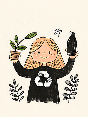 JPG 여자 어린이 일러스트 자연 한명 웃음 소녀 자연보호 환경 그린캠페인 검은색 재활용 풀잎 보호 병 플라스틱 친환경 소녀한명만 제로웨이스트 재활용표시 국내일러스트 AI일러스트 AI콘텐츠 1 식기 캠페인 컬러 컨셉 잎 재질 표시 표정 사람 풀_식물 사회이슈 생태계 여자한명만 소녀만 파일형식