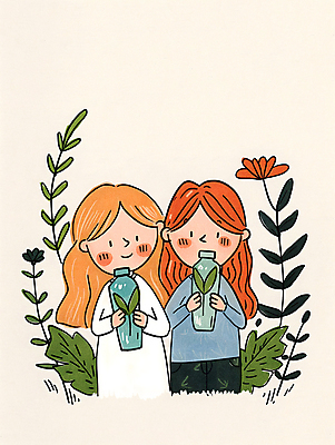 JPG 여자 어린이 일러스트 자연 웃음 소녀 두명 초록색 자연보호 환경 그린캠페인 재활용 풀잎 보호 병 플라스틱 친환경 소녀만 제로웨이스트 국내일러스트 AI일러스트 AI콘텐츠 식기 캠페인 컬러 컨셉 잎 재질 표정 사람 풀_식물 사회이슈 생태계 여자만 어린이만 파일형식