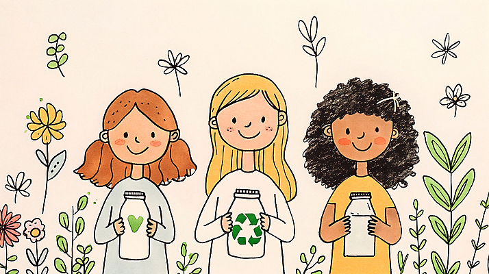 JPG 여자 어린이 일러스트 자연 웃음 소녀 세명 초록색 자연보호 환경 그린캠페인 재활용 풀잎 보호 병 플라스틱 친환경 소녀만 제로웨이스트 국내일러스트 AI일러스트 AI콘텐츠 식기 캠페인 컬러 컨셉 잎 재질 표정 사람 풀_식물 사회이슈 생태계 여자만 어린이만 파일형식