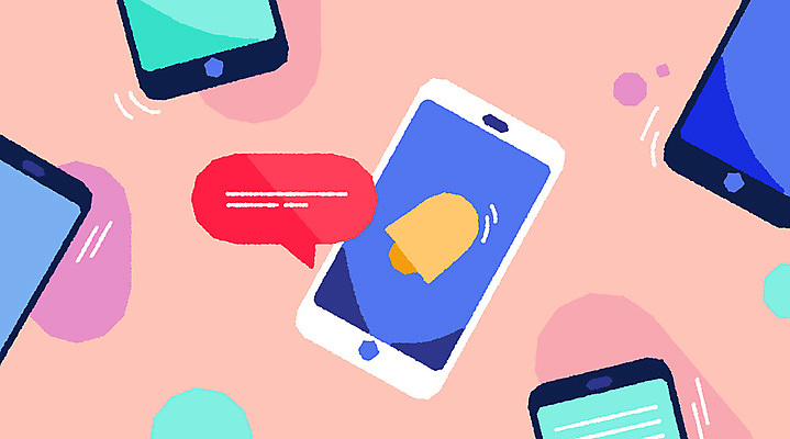 분홍색 말풍선 일러스트 커뮤니케이션 사람없음 스마트폰 디지털 종 메시지 진동 알림 소통 알림종 국내일러스트 AI파일 컬러 컨셉 핸드폰 스마트기기 파일형식 벡터