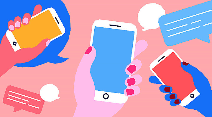 손 분홍색 말풍선 일러스트 커뮤니케이션 들기 신체부위 스마트폰 디지털 메시지 알림 소통 국내일러스트 AI파일 컬러 컨셉 모션 사람 핸드폰 스마트기기 파일형식 벡터