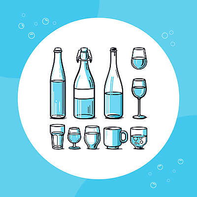 하늘색 일러스트 유리병 잔 사람없음 컵 물 세트 수분 시원함 물병 수분섭취 엘리먼트 국내일러스트 AI파일 자연요소 식기 병_용기 파란색 물통 파일형식 벡터