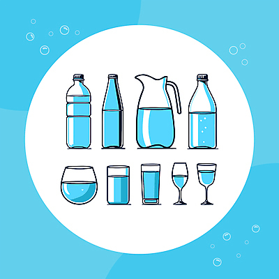 하늘색 일러스트 유리병 잔 사람없음 컵 물 세트 수분 시원함 물병 수분섭취 엘리먼트 국내일러스트 AI파일 자연요소 식기 병_용기 파란색 물통 파일형식 벡터