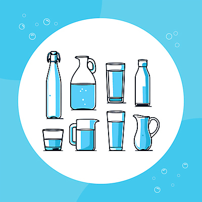 하늘색 일러스트 유리병 잔 사람없음 컵 물 세트 수분 시원함 물병 수분섭취 엘리먼트 국내일러스트 AI파일 자연요소 식기 병_용기 파란색 물통 파일형식 벡터