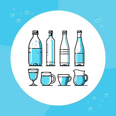 하늘색 일러스트 유리병 잔 사람없음 컵 물 세트 수분 시원함 물병 수분섭취 엘리먼트 국내일러스트 AI파일 자연요소 식기 병_용기 파란색 물통 파일형식 벡터