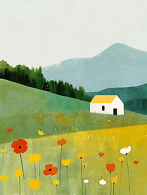 JPG 일러스트 자연 하늘 산 주택 풍경 사람없음 초록색 여름 평화 들꽃 시골 국내일러스트 AI일러스트 AI콘텐츠 계절 꽃 컬러 컨셉 건물 생태계 파일형식