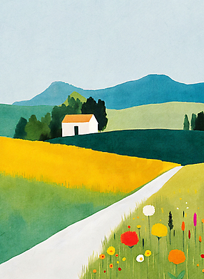 JPG 일러스트 자연 하늘 산 주택 풍경 사람없음 초록색 여름 평화 들꽃 시골 국내일러스트 AI일러스트 AI콘텐츠 계절 꽃 컬러 컨셉 건물 생태계 파일형식