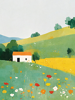 JPG 일러스트 자연 하늘 산 주택 풍경 사람없음 초록색 여름 평화 들꽃 시골 국내일러스트 AI일러스트 AI콘텐츠 계절 꽃 컬러 컨셉 건물 생태계 파일형식