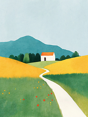 JPG 일러스트 자연 하늘 산 주택 풍경 사람없음 초록색 여름 평화 들꽃 시골 국내일러스트 AI일러스트 AI콘텐츠 계절 꽃 컬러 컨셉 건물 생태계 파일형식