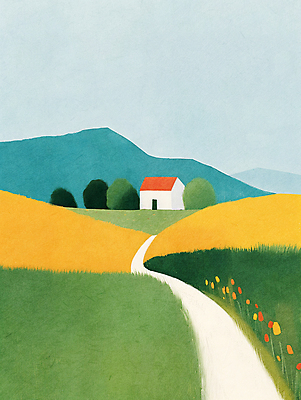 JPG 일러스트 자연 하늘 산 주택 풍경 사람없음 초록색 여름 평화 들꽃 시골 국내일러스트 AI일러스트 AI콘텐츠 계절 꽃 컬러 컨셉 건물 생태계 파일형식