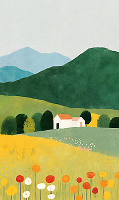 JPG 일러스트 자연 하늘 산 주택 풍경 사람없음 초록색 여름 평화 들꽃 시골 국내일러스트 AI일러스트 AI콘텐츠 계절 꽃 컬러 컨셉 건물 생태계 파일형식