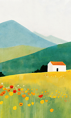 JPG 일러스트 자연 하늘 산 주택 풍경 사람없음 초록색 여름 평화 들꽃 시골 국내일러스트 AI일러스트 AI콘텐츠 계절 꽃 컬러 컨셉 건물 생태계 파일형식