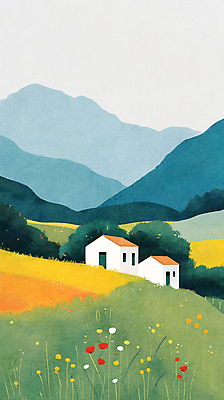 JPG 일러스트 자연 하늘 산 주택 풍경 사람없음 초록색 여름 평화 들꽃 시골 국내일러스트 AI일러스트 AI콘텐츠 계절 꽃 컬러 컨셉 건물 생태계 파일형식