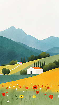 JPG 일러스트 자연 하늘 산 주택 풍경 사람없음 초록색 여름 평화 들꽃 시골 국내일러스트 AI일러스트 AI콘텐츠 계절 꽃 컬러 컨셉 건물 생태계 파일형식