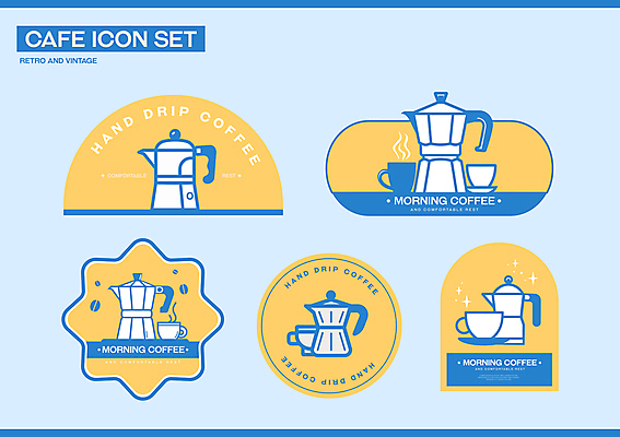 스티커 일러스트 사람없음 파란색 세트 노란색 카페 빈티지 커피잔 커피포트 심볼 원두커피 복고 모카포트 국내일러스트 AI파일 커피 컬러 컨셉 주전자 잔 상점 파일형식 벡터