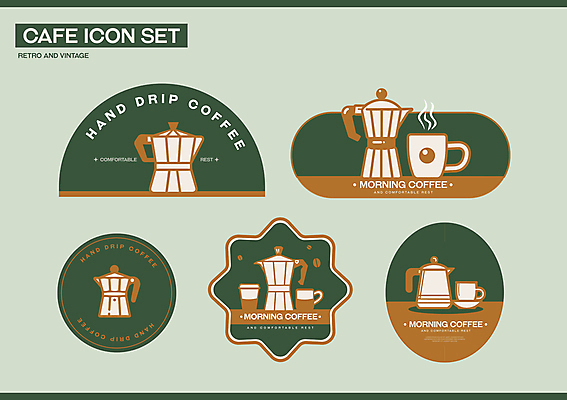 스티커 일러스트 사람없음 초록색 세트 갈색 카페 빈티지 커피잔 커피포트 심볼 원두커피 복고 모카포트 국내일러스트 AI파일 커피 컬러 컨셉 주전자 잔 상점 파일형식 벡터