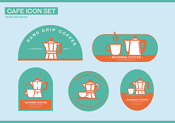 스티커 일러스트 사람없음 세트 주황색 카페 빈티지 커피잔 커피포트 심볼 원두커피 복고 민트색 모카포트 국내일러스트 AI파일 커피 컬러 컨셉 주전자 잔 상점 파일형식 벡터