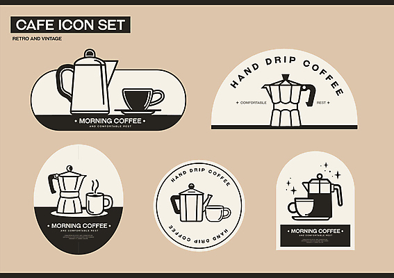 스티커 일러스트 사람없음 세트 갈색 카페 빈티지 커피잔 커피포트 심볼 원두커피 복고 모카포트 국내일러스트 AI파일 커피 컬러 컨셉 주전자 잔 상점 파일형식 벡터