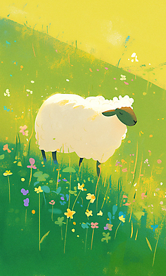 JPG 일러스트 자연 하늘 풍경 사람없음 초록색 평화 목초지 들꽃 양 국내일러스트 AI일러스트 AI콘텐츠 꽃 컬러 컨셉 포유류 목장 생태계 파일형식 초원_자연