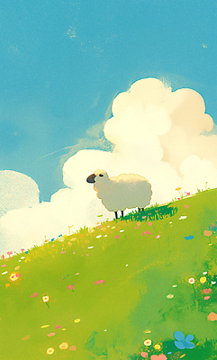 JPG 구름 일러스트 자연 하늘 풍경 사람없음 초록색 평화 목초지 들꽃 양 국내일러스트 AI일러스트 AI콘텐츠 자연요소 꽃 컬러 컨셉 포유류 목장 생태계 파일형식 초원_자연