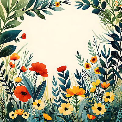 JPG 일러스트 자연 프레임 사람없음 초록색 여름 봄 들꽃 풀잎 화려 카피스페이스 국내일러스트 AI일러스트 AI콘텐츠 계절 꽃 컬러 컨셉 잎 공백 풀_식물 생태계 파일형식